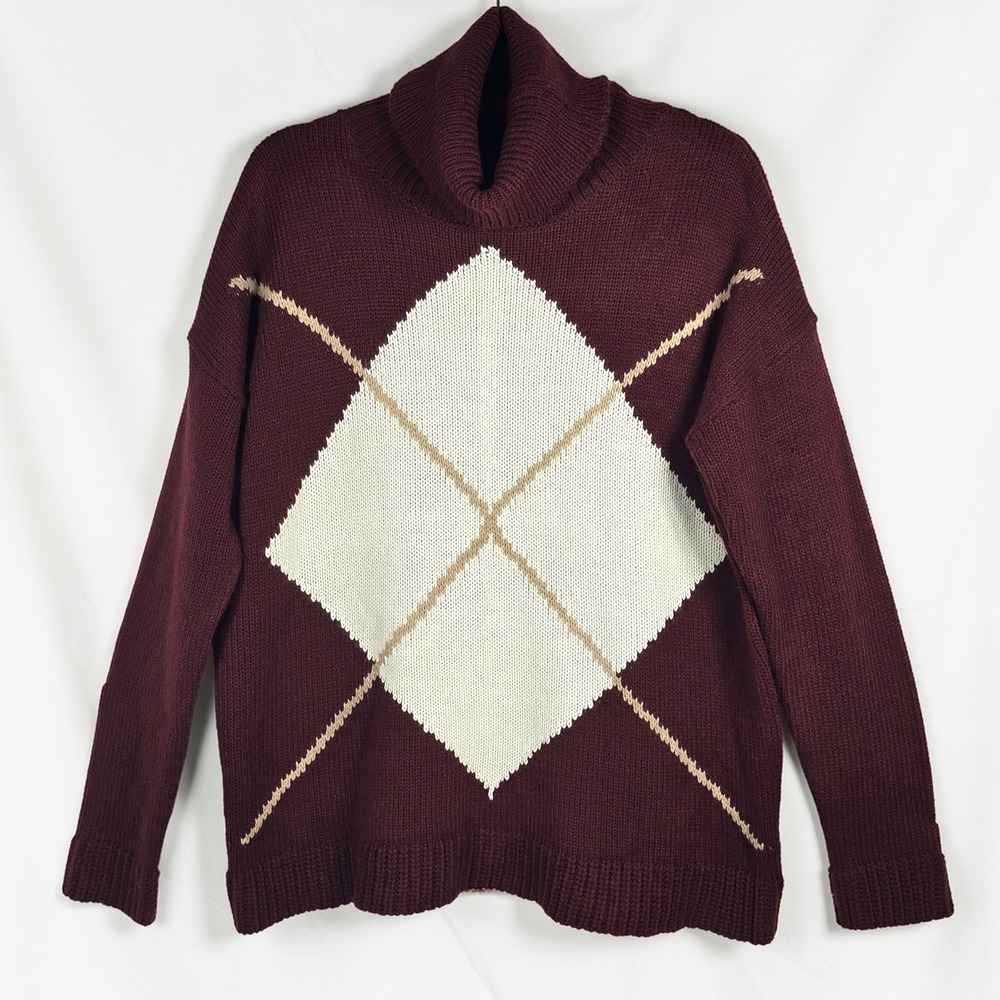 Michelle Nicole Burgundy Argyle Turtleneck Wool Blend‎ Sweater XL Women Relaxed